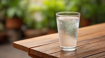Refreshing Cool Drink with Condensation on Simple Wooden Table