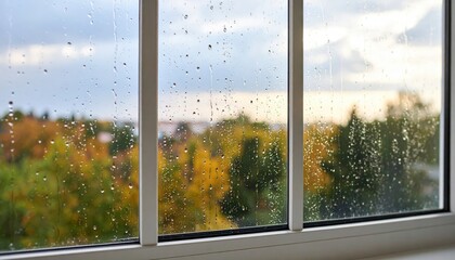 Rainy Window View: Capture the soothing imagery of raindrops cascading down a windowpane, revealing the vibrant colors of autumn foliage in the background.