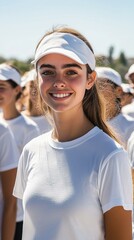 Obraz premium Smiling young woman, volunteering with teamwork students in white shirts, supporting community, surrounded by helping team.