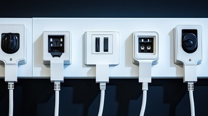 Row of white electrical outlets with various types, cables