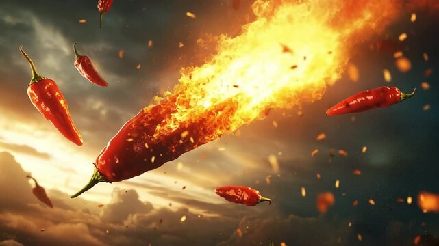 Multiple fiery red chili peppers fall from the sky like burning meteors, blazing through the clouds in a dramatic and surreal scene full of intense heat, motion, and explosive visual energy.