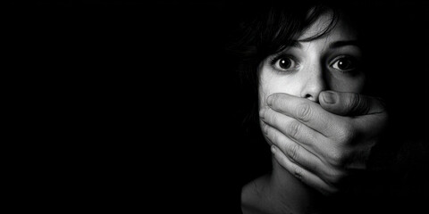 A woman's face with a troubled look, mouth covered by a man's hand. Black and white portrait, theme of violence and suppression.