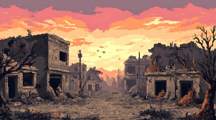 Desolate City Ruins at Sunset Pixel Art