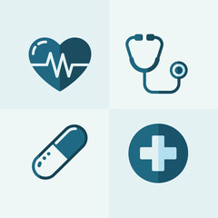 Medicine and diagnosis icons. Hospital cross, capsule medicine, stethoscope and thermometer symbol for patient tracking  