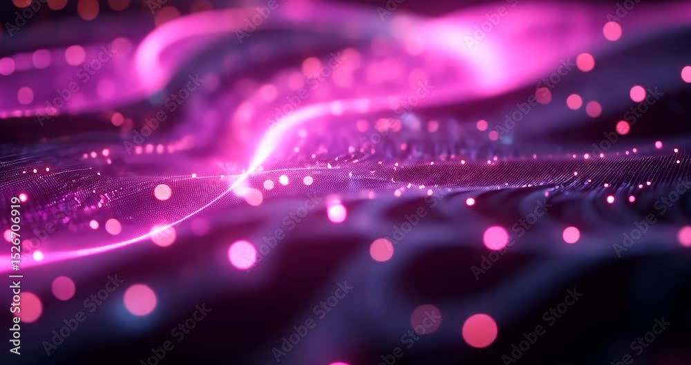 Wall mural abstract image of digital neon glowing wavy patterns, with a bokeh background, dark background with 