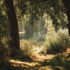 Sunlit Path Through Woods