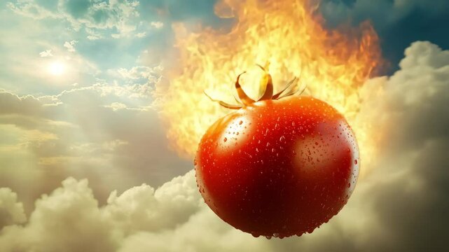 A fiery tomato descends from the sky surrounded by flames and clouds, creating a surreal and dramatic scene that blends nature, fantasy, and vibrant intensity in midair motion.