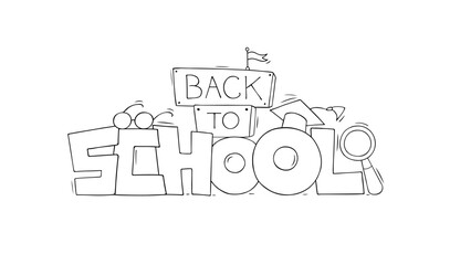 Back to school poster with doodle education objects. Education, science and knowledge concept. Vector hand drawn illustration with books, graduation cap, glasses, loupe