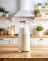 Una botella de cristal con leche para el desayuno sobre la mesa de una cocina moderna y luminosa