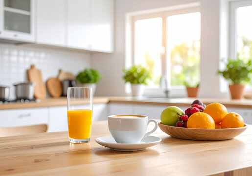 Desayuno con caf&eacute;, fruta y zumo de naranja sobre la mesa en el interior de una cocina moderna con luz natural de una ventana