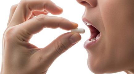 Close-up of a person’s hand holding a white pill near their lips, preparing to take medication. Isolated on a transparent background for medical or pharmaceutical themes.