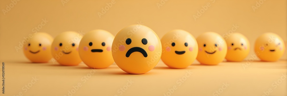 Poster emojis display a range of emotions as joyful faces surround a single sad face on a bright orange bac