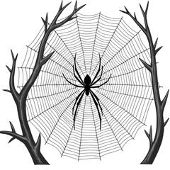 Obraz premium Spider on a web, with bare branches, black and white graphic for spooky cards