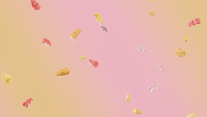Summer 3D horizontal falling gummy bear render image pink yellow many candy sweet juicy sugar doodle kids cartoon vintage retro vibe mockup copy space advertisement trendy cool pop poster background