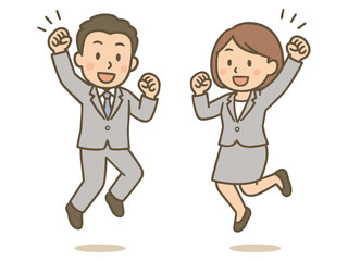 やる気に満ち溢れてジャンプするスーツ姿の男女ビジネスマンのイラスト