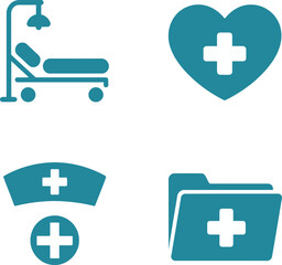Obraz premium Healthcare file system icons. Patient bed, heart folder, emergency symbol and health archive inside medical visuals 