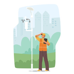 Ecologist engineer character checking alternative electric power sources for lighting city streets