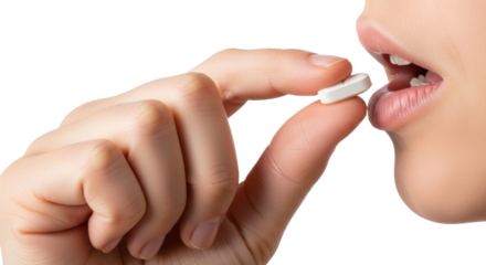 Close-up of a person’s hand holding a white pill near their lips, preparing to take medication. Isolated on a transparent background for medical or pharmaceutical themes.