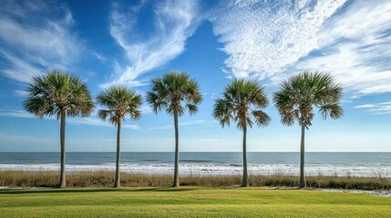Five palm trees stand near the ocean on a sunny day