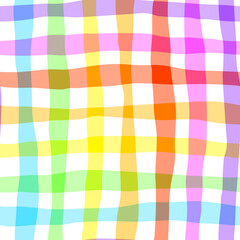 Hand drawn rainbow checkered seamless pattern with pastel tones. Wavy lines and colorful grid design. Perfect for textiles, fabric print, wall art, or commercial projects with a fun retro vibe.