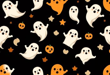 Obraz premium Seamless Halloween background with adorable ghost pattern Repeatable design, swatch included, fall, halloween background