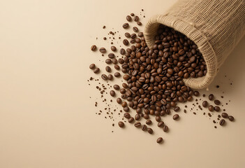 Freshly roasted coffee beans spilling from a burlap bag on a light background creating a rich, aromatic experience