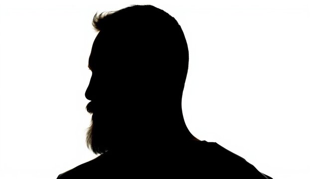 Silhouette of a bearded face, backlit, looking away against a white background,  light,  art