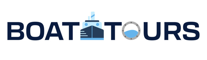 Boat tours. Vector illustration with stylized text and maritime imagery, porthole and ship, perfect for advertising.