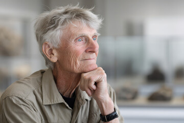 thoughtful paleontologist portrait positioned to right with clean ultrabright background