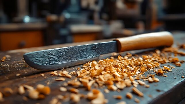 A handcrafted knife rests on a wooden surface, surrounded by wood shavings, showcasing fine craftsmanship.