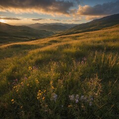"A highland meadow during golden hour, filled with tall grass and wildflowers, with distant rolling hills and low-lying clouds hugging the mountains"