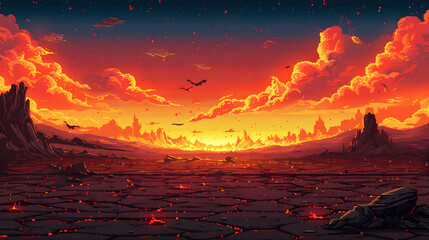 Fiery Desert Sunset Landscape with Flying Birds
