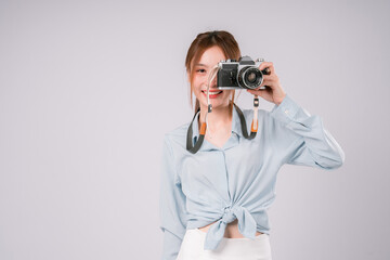 Asian Woman Female Camera Traveler Happy Smile Photo Portrait Person, Joyful Tourist Capturing the...