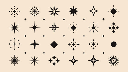 Black Star Sparkle Icons Set – Retro Twinkle, Shining Starburst, Cosmic Glow Symbols