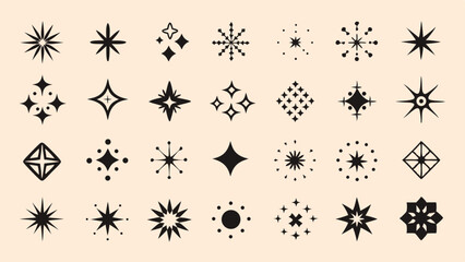 Black Star Sparkle Icons Set – Retro Twinkle, Shining Starburst, Cosmic Glow Symbols