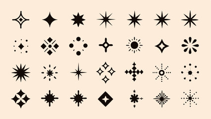 Black Star Sparkle Icons Set – Retro Twinkle, Shining Starburst, Cosmic Glow Symbols