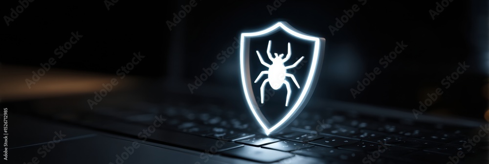 Poster Pulsing Antivirus Shield Deflects Phishing Threat From a Computer in a Dimly Lit Environment