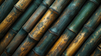 Fototapeta premium Bamboo Stalks Texture: Close-up of bamboo stalks in a diagonal pattern, highlighting the natural texture and colors of bamboo. Capturing the raw, natural feel and earthy tones.