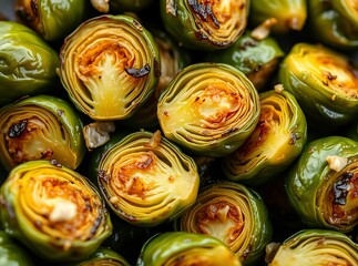 Roasted Brussels Sprouts: A close-up shot of golden-brown roasted Brussels sprouts, each tender and slightly caramelized, showcasing their intricate, layered texture and rich, savory flavor.