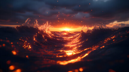 Fiery Ocean Sunset: Dark Water Waves Glowing with Embers