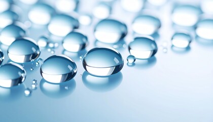 Luminous Water Droplets: A close-up view reveals a scattering of clear, glistening water droplets. Each droplet reflects the light creating a mesmerizing display of purity and refreshment. 