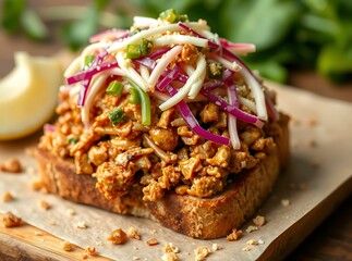 Delectable Open-Faced Sandwich: A gourmet open-faced sandwich, showcasing a savory meat-based filling topped with a vibrant coleslaw mix.