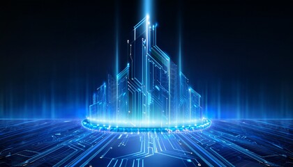 Fototapeta premium テクノロジーと立体感、青いイルミと電子基盤、スタイリッシュなグラデーション、幻想的に仕上げる Generated by AI
