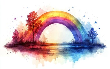 Watercolor rainbow arching over a serene landscape with colorful trees, grass, reflections, and butterflies Generative AI