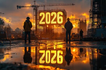 Construction workers standing on a wet urban site with glowing 2026 numbers reflecting in a puddle at dramatic sunset Generative AI
