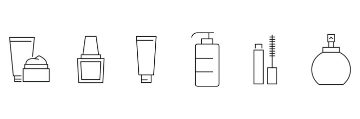 Cosmetic skincare beauty hygiene lotion tube pump perfume nail polish makeup container set line icon vector illustration pack.