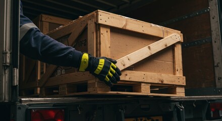 Person in protective gloves handling wooden crate in truck