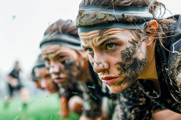 Determined female rugby players covered in mud ready to attack on field