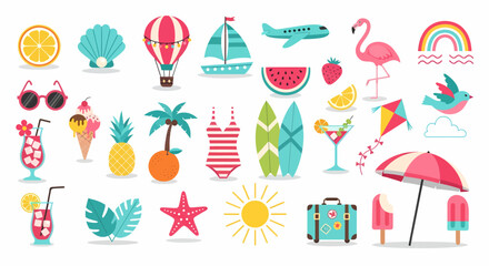 Pixel Summer Vacation Holiday Elements Isolated on White Background