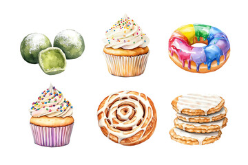 A delightful assortment of desserts featuring colorful cupcakes, a rainbow donut, cinnamon rolls, and green tea mochi, perfect for sweet lovers and culinary presentations.